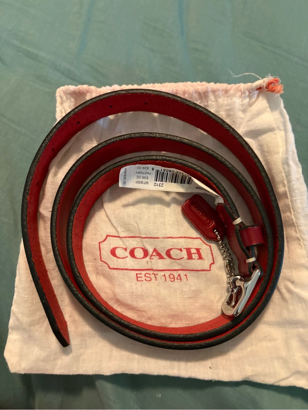Coach Red/ brown Leather belt with Silver-Tone Hardware